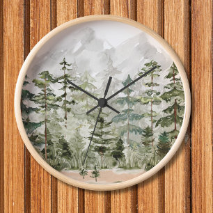 Watercolor Green Pine Forest on Mountain Clock