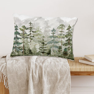 Watercolor Green Pine Forest on Mountain Decorative Cushion