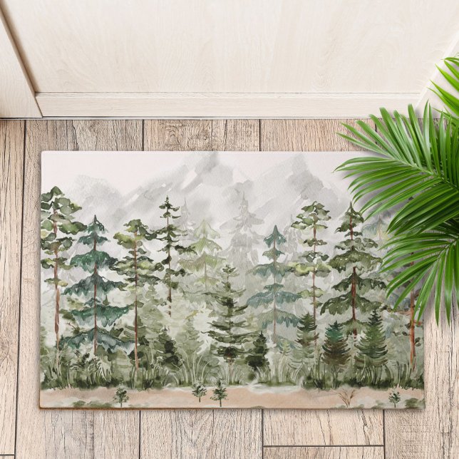 Watercolor Green Pine Forest on Mountain Doormat (In situ)