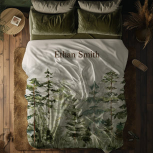 Watercolor Green Pine Forest on Mountain Fleece Blanket