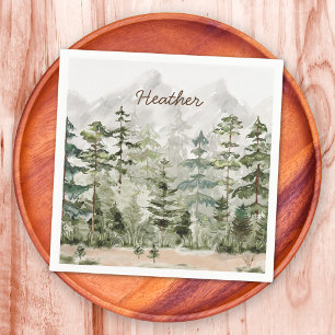 Watercolor Green Pine Forest on Mountain Napkin