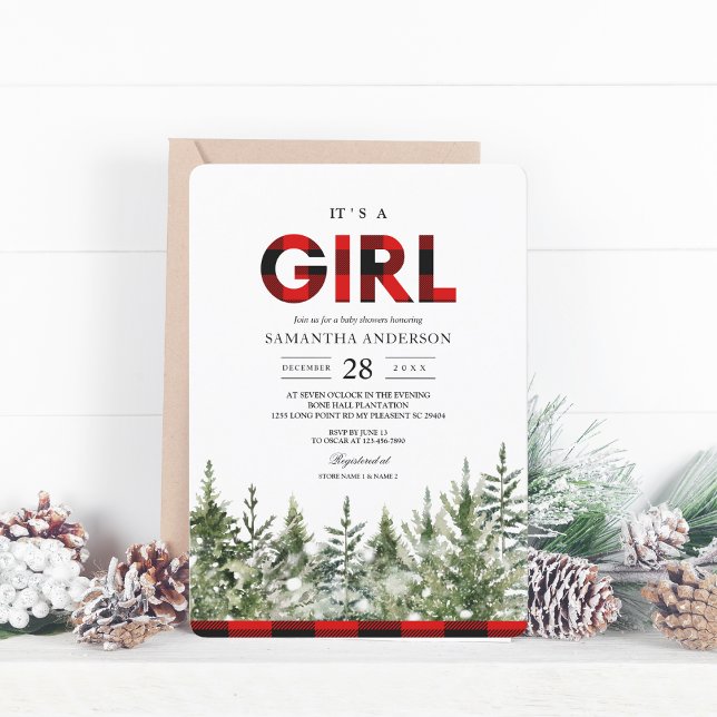 Watercolor Green Pine Tree  & Red Buffalo Plaid In Invitation (Creator Uploaded)