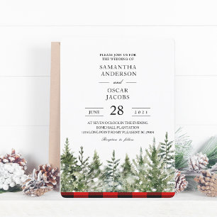 Watercolor Green Pine Tree  & Red Buffalo Plaid Invitation