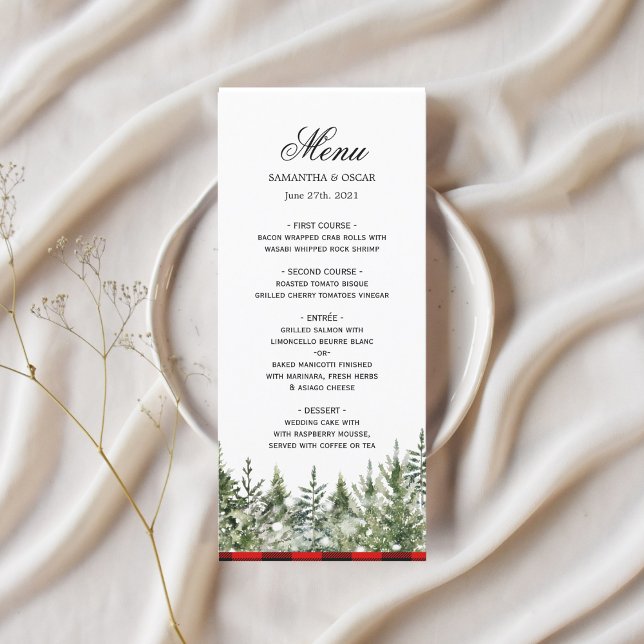 Watercolor Green Pine Tree  & Red Buffalo Plaid Menu (Creator Uploaded)