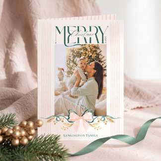 Watercolor Green Pink Bow Merry Christmas Photo Holiday Card
