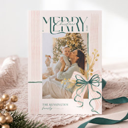 Watercolor Green Pink Bow Merry Christmas Photo Holiday Card