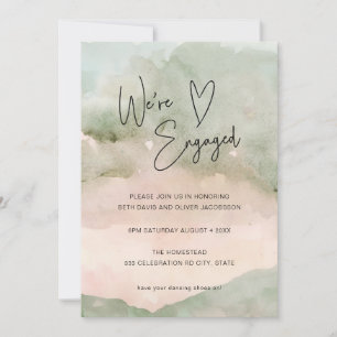 Watercolor Green Pink Heart Engagement Invitation