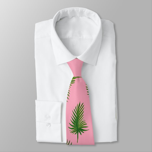 Watercolor Green & Pink Palm Tree Leaf Pattern Tie (Tied)