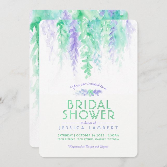 Watercolor green purple bridal shower invitations (Front/Back)