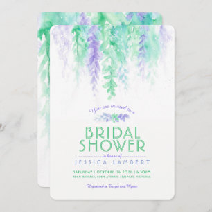 Watercolor green purple bridal shower invitations