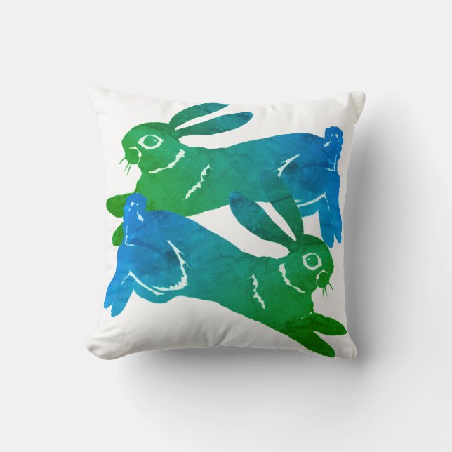 Watercolor Green Rabbit Hare Bold Animal Pattern Cushion (Front)