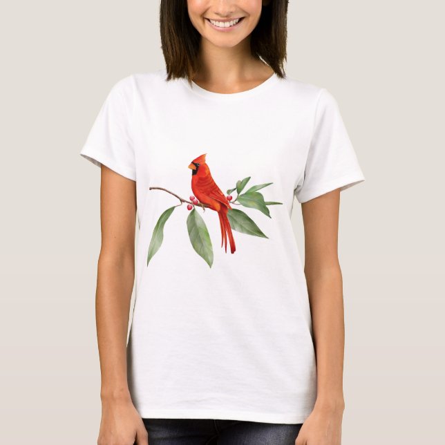 Watercolor Green Red Cardinal Bird T-Shirt (Front)