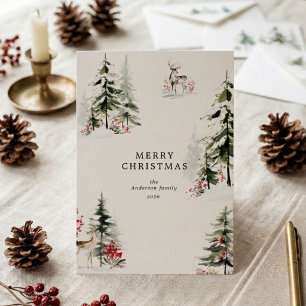 Watercolor Green Red Forest Holiday Card