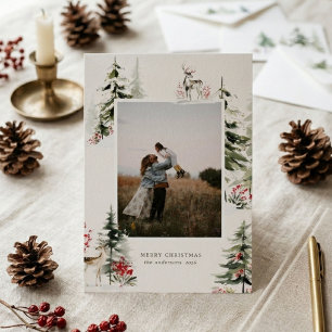 Watercolor Green Red Forest Holiday Photo Card