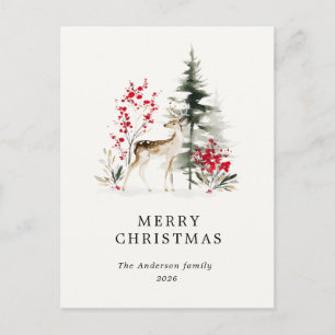 Watercolor Green Red Forest Holiday Postcard