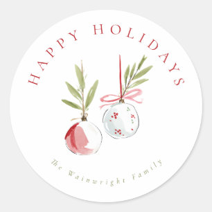 Watercolor Green & Red Ornaments Holiday Classic Round Sticker