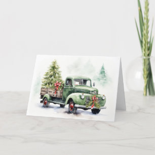 Watercolor Green Retro Christmas Truck Holiday Card