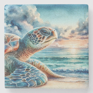 Watercolor Green Sea Turtle on Sandy Beach Stone Coaster