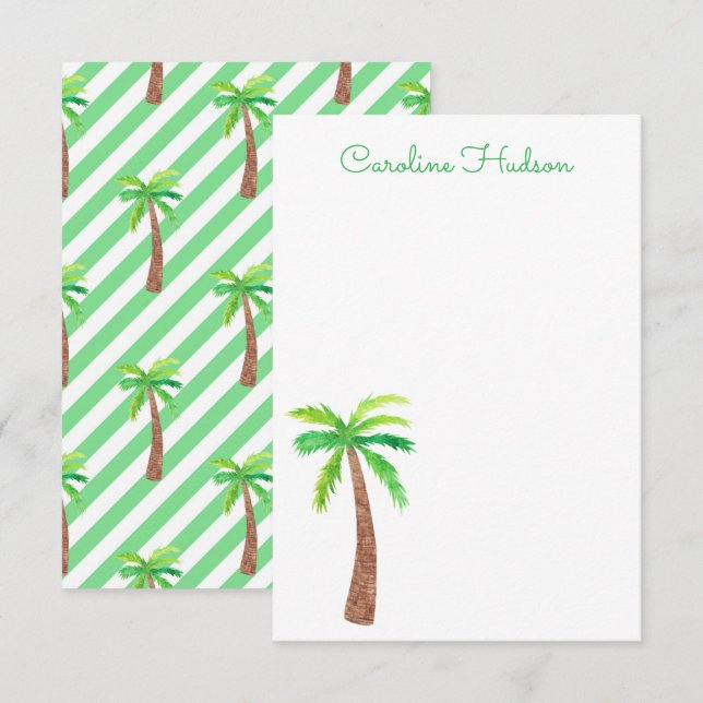 Watercolor Green Stripes Palm Trees Thank You Card (Front/Back)