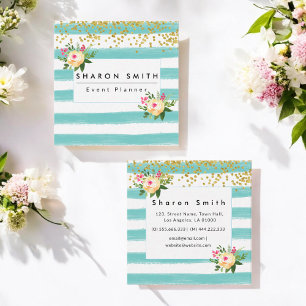 Watercolor Green Stripes Yellow Glitter Floral Square Business Card