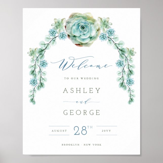 Watercolor Green Succulents Garden Wedding Sign (Front)