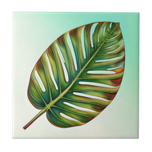 Watercolor Green Teal Yellow Red Tropical Leaf Ceramic Tile (Front)