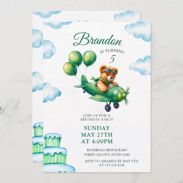 Watercolor Green Teddy Bear Aeroplane 5th Birthday Invitation (Front/Back)