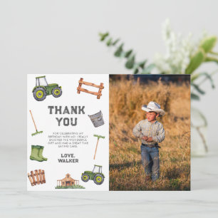Watercolor Green Tractor Photo 2nd Birthday Thank You Card