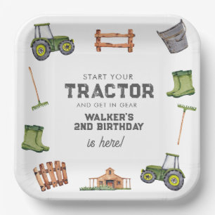 Watercolor Green Tractor Photo Boy Birthday  Paper Plate