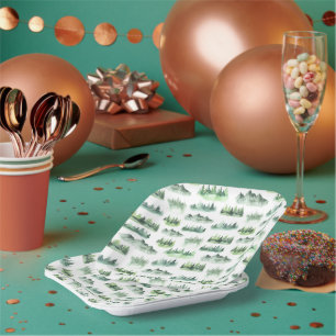 Watercolor Green Trees Forest Pattern Paper Plate