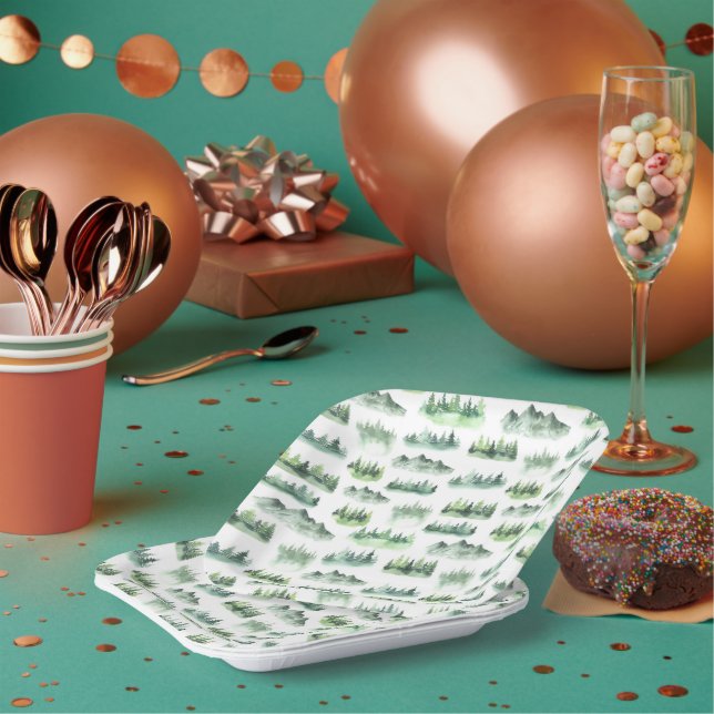 Watercolor Green Trees Forest Pattern Paper Plate (Multi)