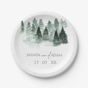 Watercolor Green Trees Woodland Rustic Wedding Paper Plate