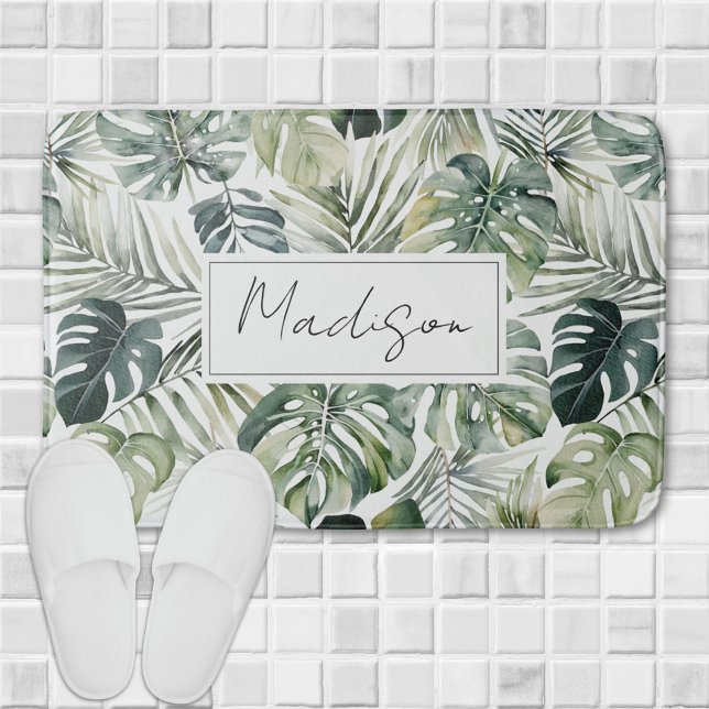 Watercolor Green Tropical Forest Leaves Pattern Bath Mat (In situ)