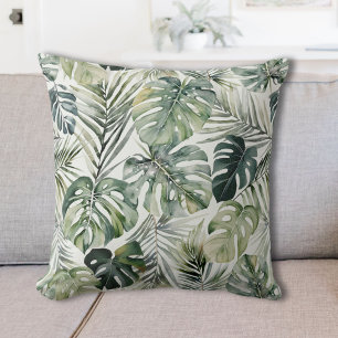 Watercolor Green Tropical Forest Leaves Pattern Cushion