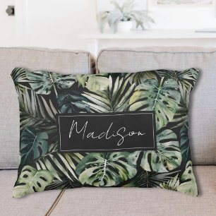 Watercolor Green Tropical Forest Leaves Pattern Decorative Cushion