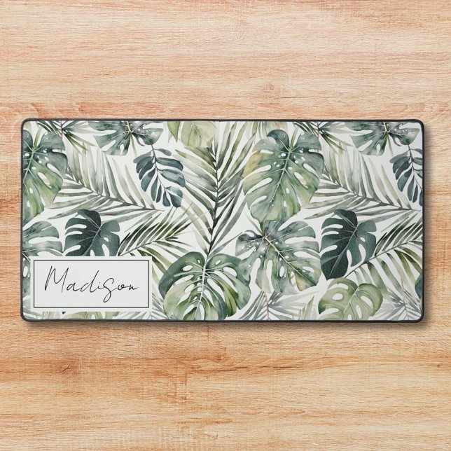 Watercolor Green Tropical Forest Leaves Pattern Desk Mat (In situ)