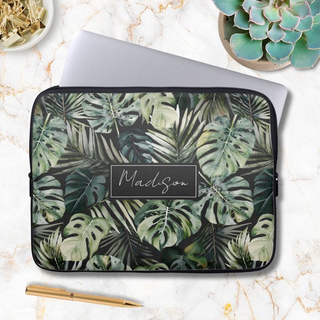 Watercolor Green Tropical Forest Leaves Pattern Laptop Sleeve (In situ)