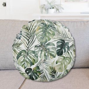 Watercolor Green Tropical Forest Leaves Pattern Round Cushion