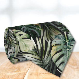 Watercolor Green Tropical Forest Leaves Pattern Tie