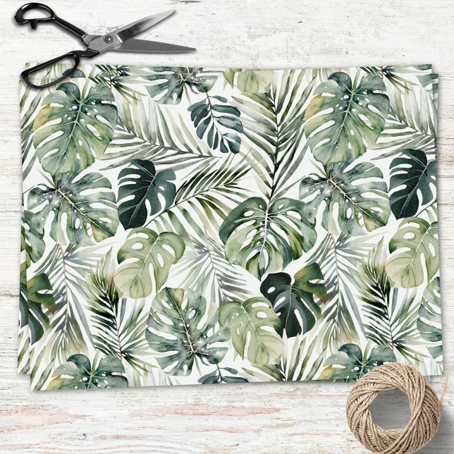 Watercolor Green Tropical Forest Leaves Pattern Tissue Paper (In situ)