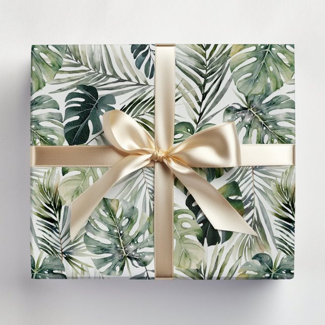 Watercolor Green Tropical Forest Leaves Pattern Wrapping Paper (In situ)