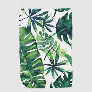 Watercolor Green Tropical Leaves Pattern     Golf Towel