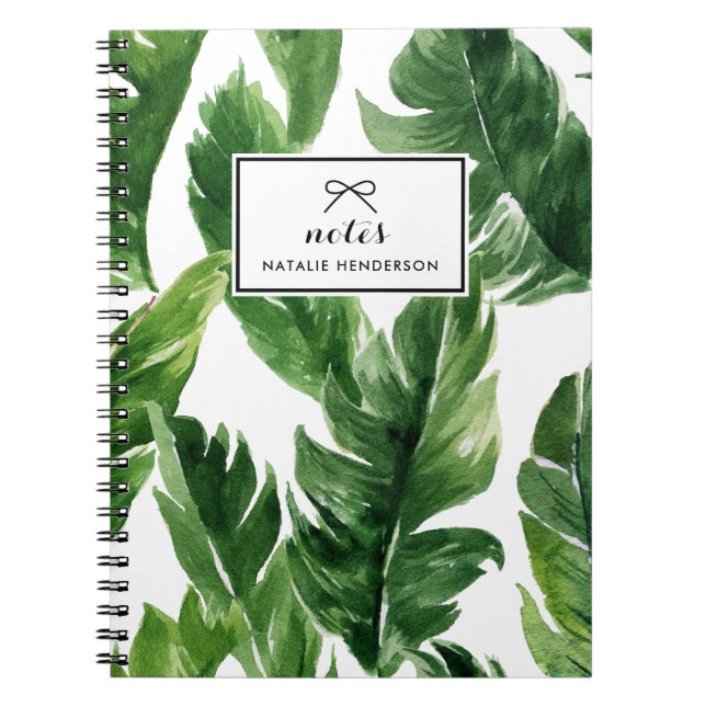 Watercolor Green Tropical Leaves Pattern Notebook (Front)