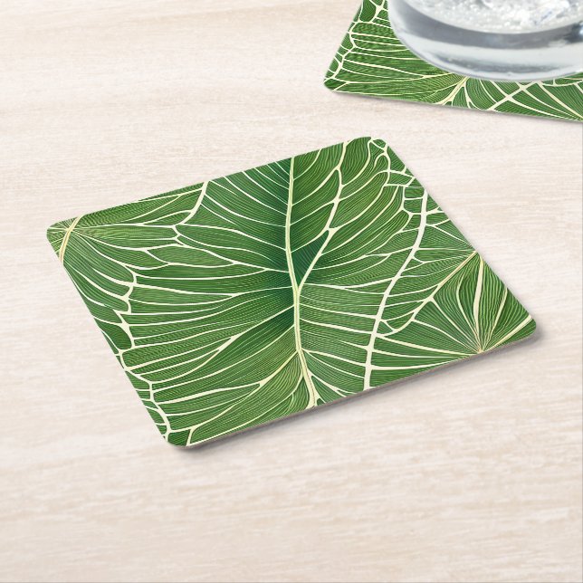Watercolor Green Tropical Leaves Square Paper Coaster (Angled)
