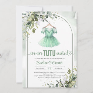 Watercolor green tutu ballerina dress greenery invitation