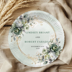 Watercolor Green White Botanical Wedding Paper Plate