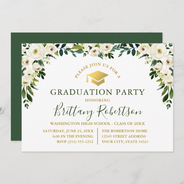 Watercolor Green White Floral Gold Grad Party Invitation (Front/Back)