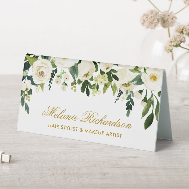 Watercolor Green White Floral Gold Name Sign (In SItu (Table))