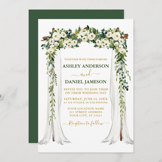 Watercolor Green White Floral Gold Wedding Canopy Invitation (Front/Back)