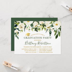 Watercolor Green White Floral Graduation Party Invitation
